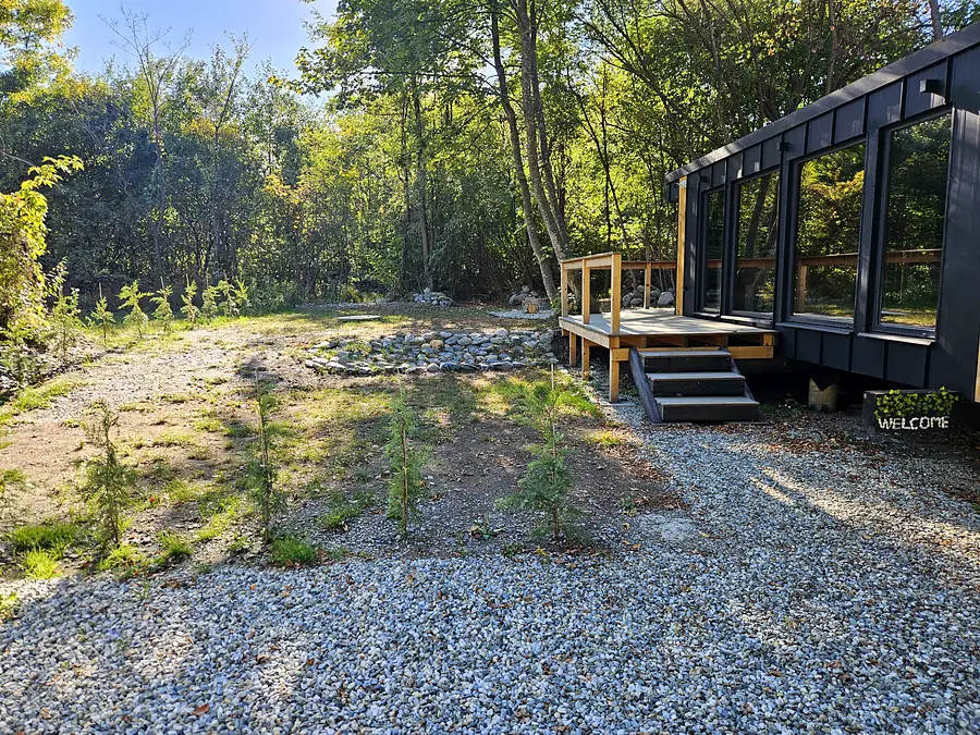Intrarea în cabana Wild Crib, înconjurată de pădure