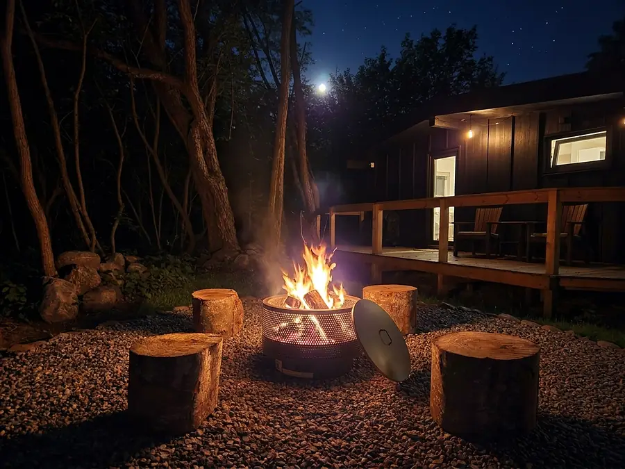 Foc în fire pit la cabana Wild Crib, noaptea