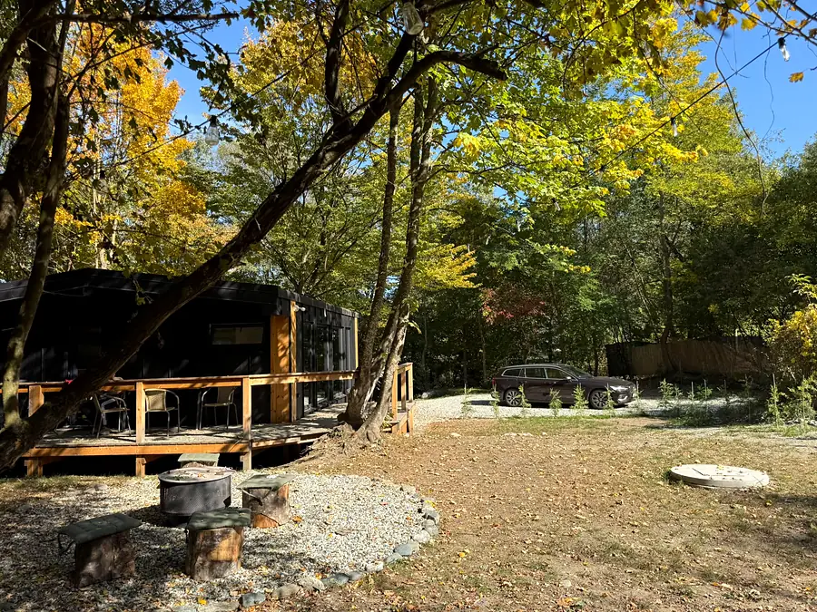 Cabana Wild Crib toamna, cu terasa și zona de foc